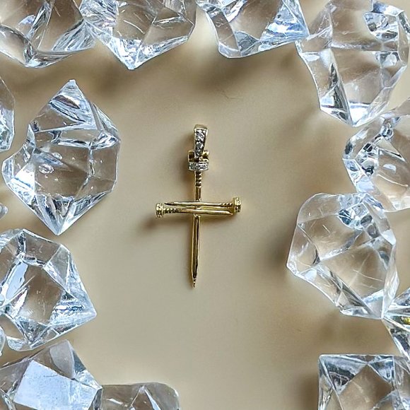 Diamond Cross Nail Pendant 10K Yellow Gold Jewelry Gift